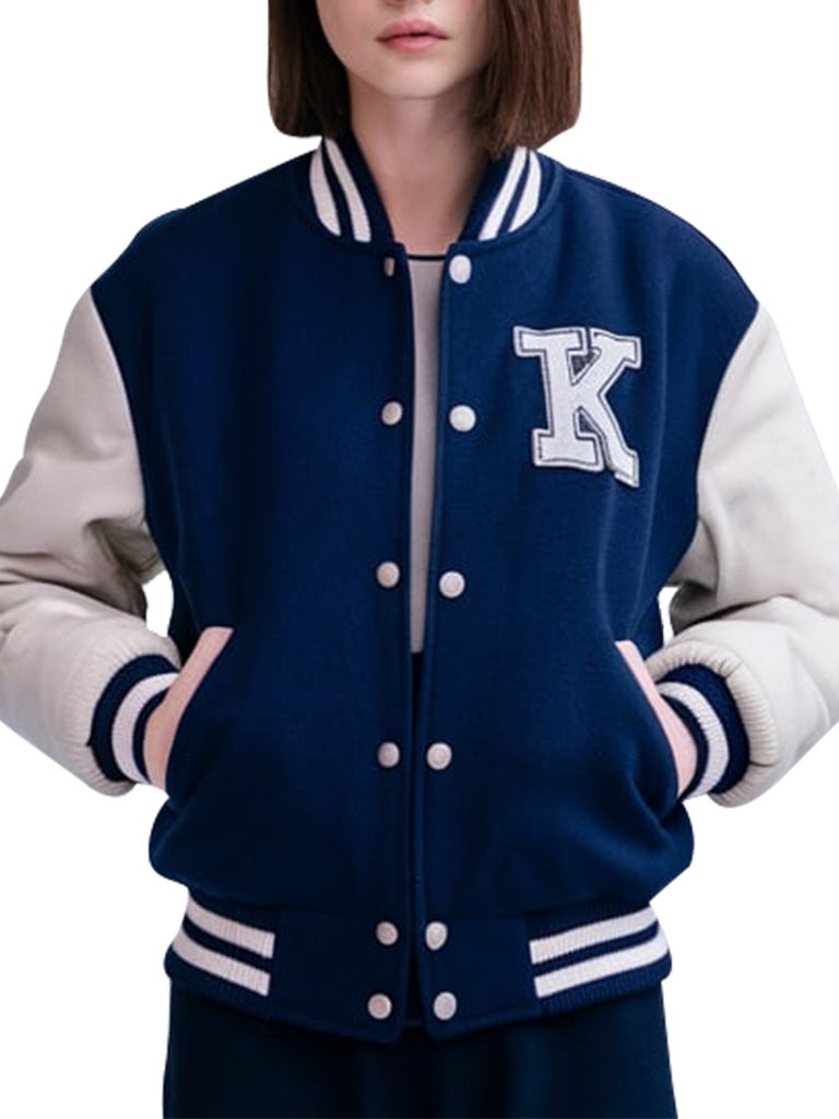 Classic Navy Blue Varsity Jacket with White Sleeves