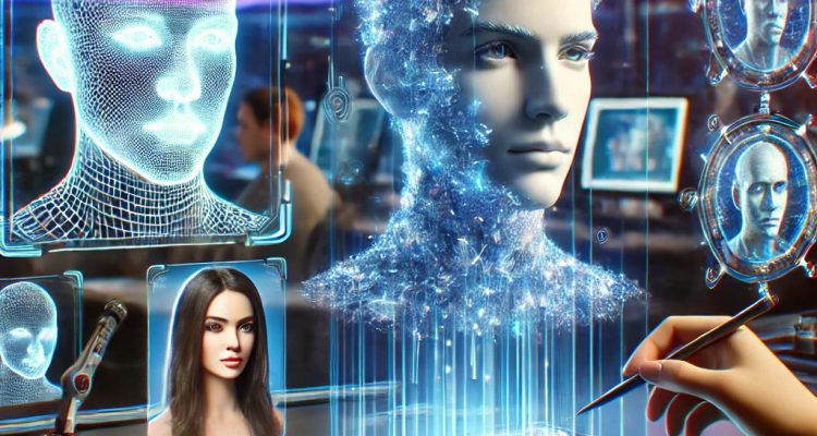 DALL·E 2024-12-13 17.20.50 - A futuristic concept of an AI system generating digital avatars of celebrities. The scene shows a sleek, high-tech interface with holographic images o