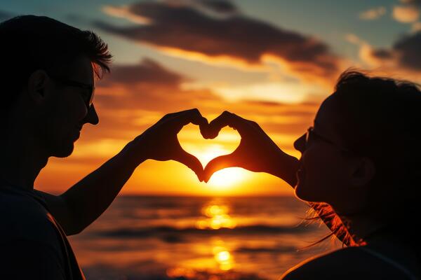 ai-generated-a-couple-of-love-makes-a-heart-shaped-gesture-while-the-sunset-ai-background-photo