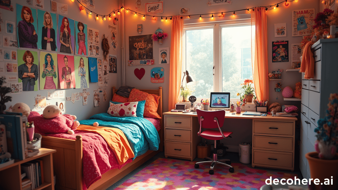 A vibrant and colorful college dorm room belonging to a stylish young man. The room is decorated with various posters of pop culture icons and fairy lights hanging across the walls. A large desk cluttered wit (1)