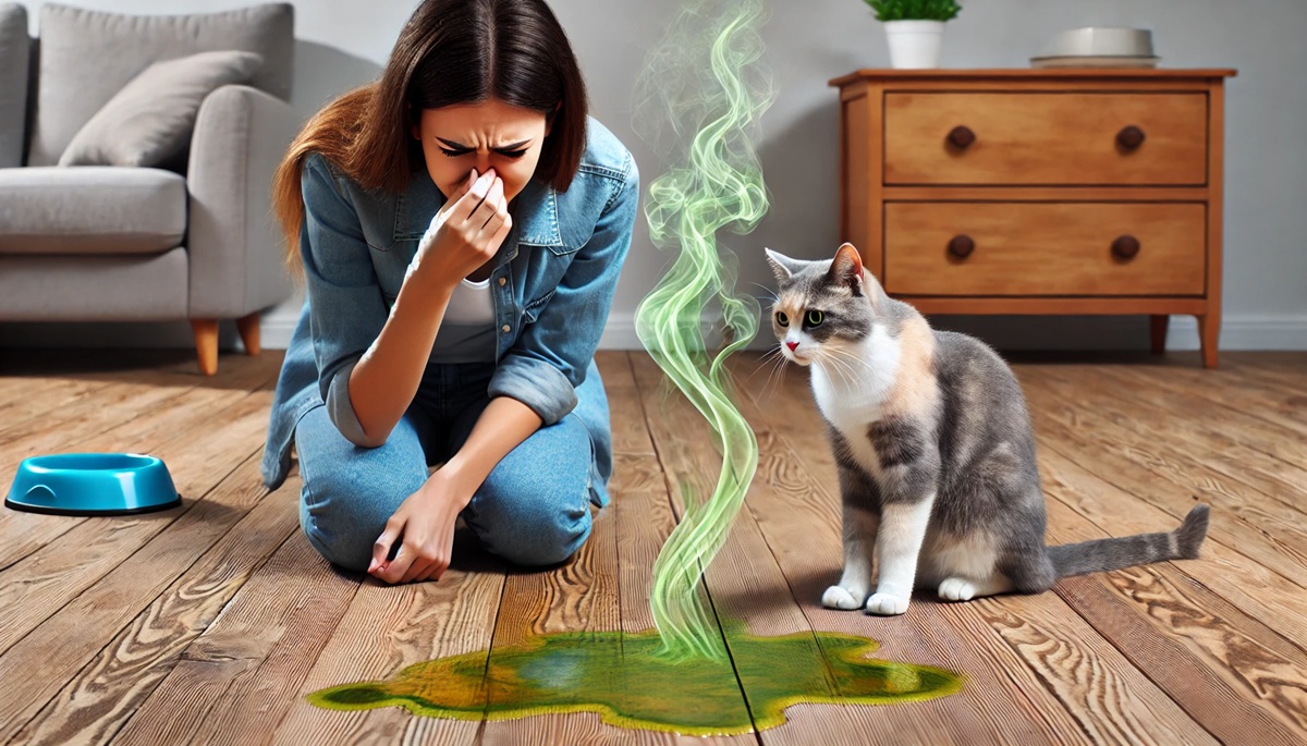 A wooden floor with visible stains and a strong cat urine odor