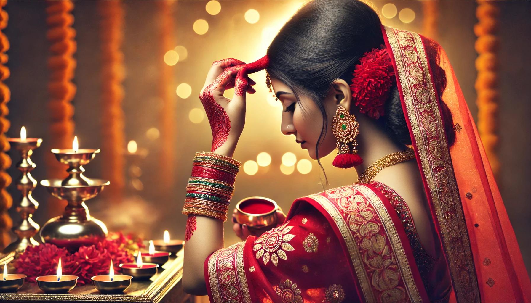 A_traditional_Indian_woman_applying_sindoor