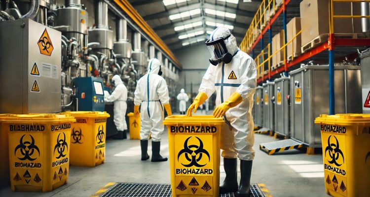 DALL·E 2025-02-17 14.39.06 - A professional biohazard disposal company at work. Workers in full hazmat suits, gloves, and face shields carefully handling hazardous waste in a secu