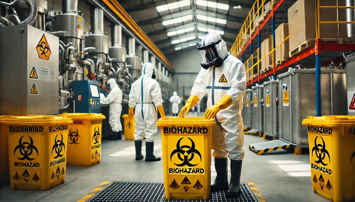 DALL·E 2025-02-17 14.39.06 - A professional biohazard disposal company at work. Workers in full hazmat suits, gloves, and face shields carefully handling hazardous waste in a secu