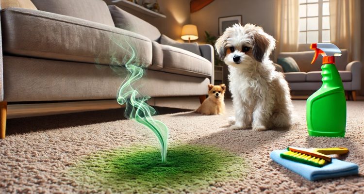 DALL·E 2025-02-17 14.40.02 - A close-up view of a carpet with a visible pet urine stain, emitting a greenish, wavy odor to indicate smell. A small dog sits nearby looking guilty.