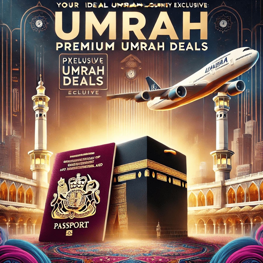 DALL·E 2025-02-17 17.44.14 - A visually captivating image representing an exclusive Umrah journey with premium deals. The image features a luxurious setting with a UK passport, a  (1)