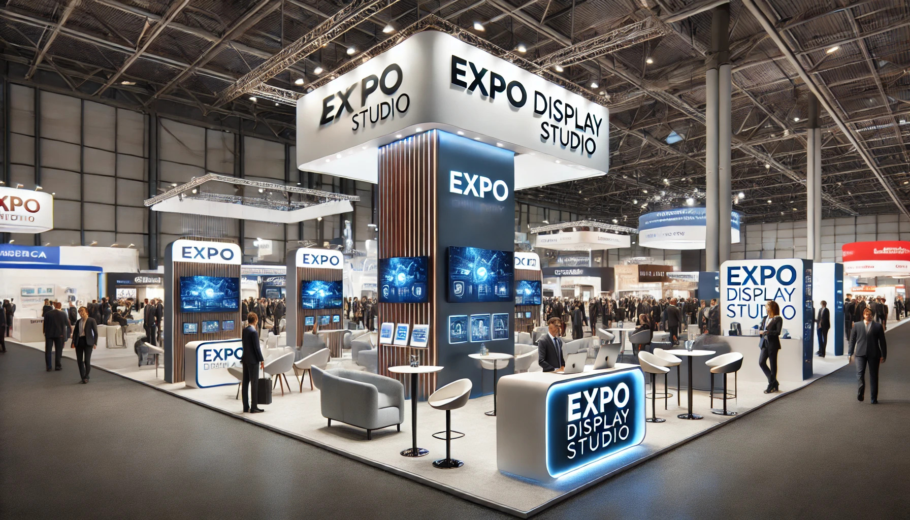 DALL·E 2025-02-27 17.09.09 - A professional exhibition booth setup in Düsseldorf, designed by Expo Display Studio. The booth features a modern and sleek design with high-quality m