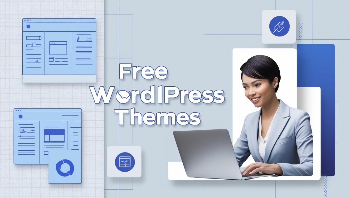 Design an eye-catching banner image for a blog titled 'Free WordPress Themes.' The background should feature clean, modern website interface elements like grids, layouts, and icons representing website design.  (1)