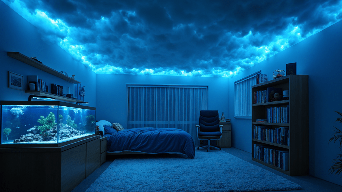 A student room with roof-clouding with LEDs and cotton. The room is covered in dark blue light. There is a shark aquarium, a scaled model of Jackdow and 2 bookshelves.-min