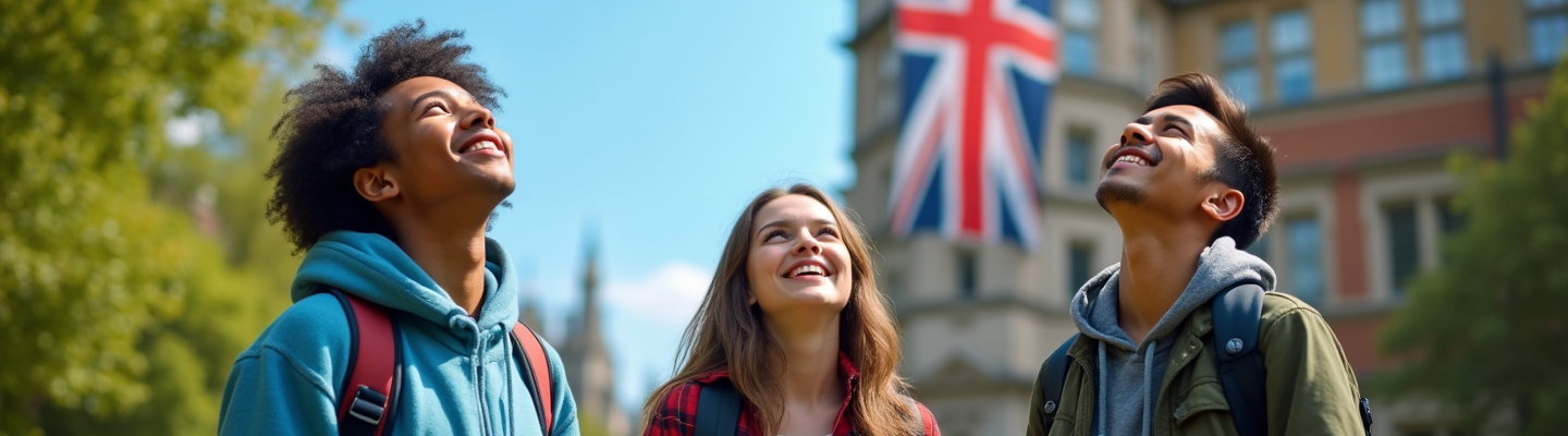 A vibrant scene depicting three diverse college students outdoors, their heads tilted upward in awe as they gaze at a fluttering Union Jack hanging from a historic building. The students, one wearing a blue hoodie,