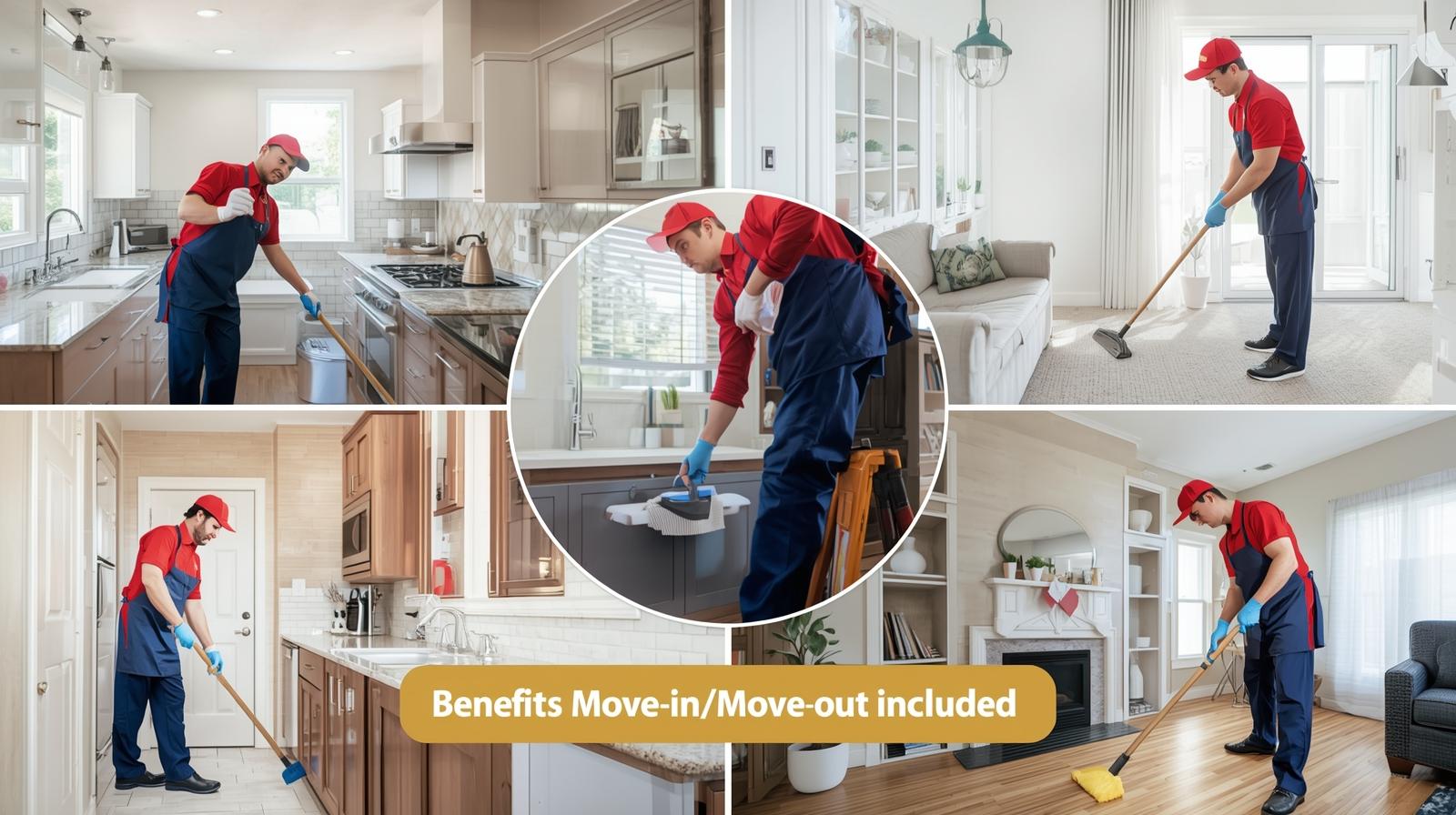 I want to design Realistic image of this topic_ What’s Included in Our Move-In_Move-Out Deep Cleaning_Generate 4 in 1 image_A man with red and white meezab uniform cleaning home, All rooms other side image Kitchen, ot